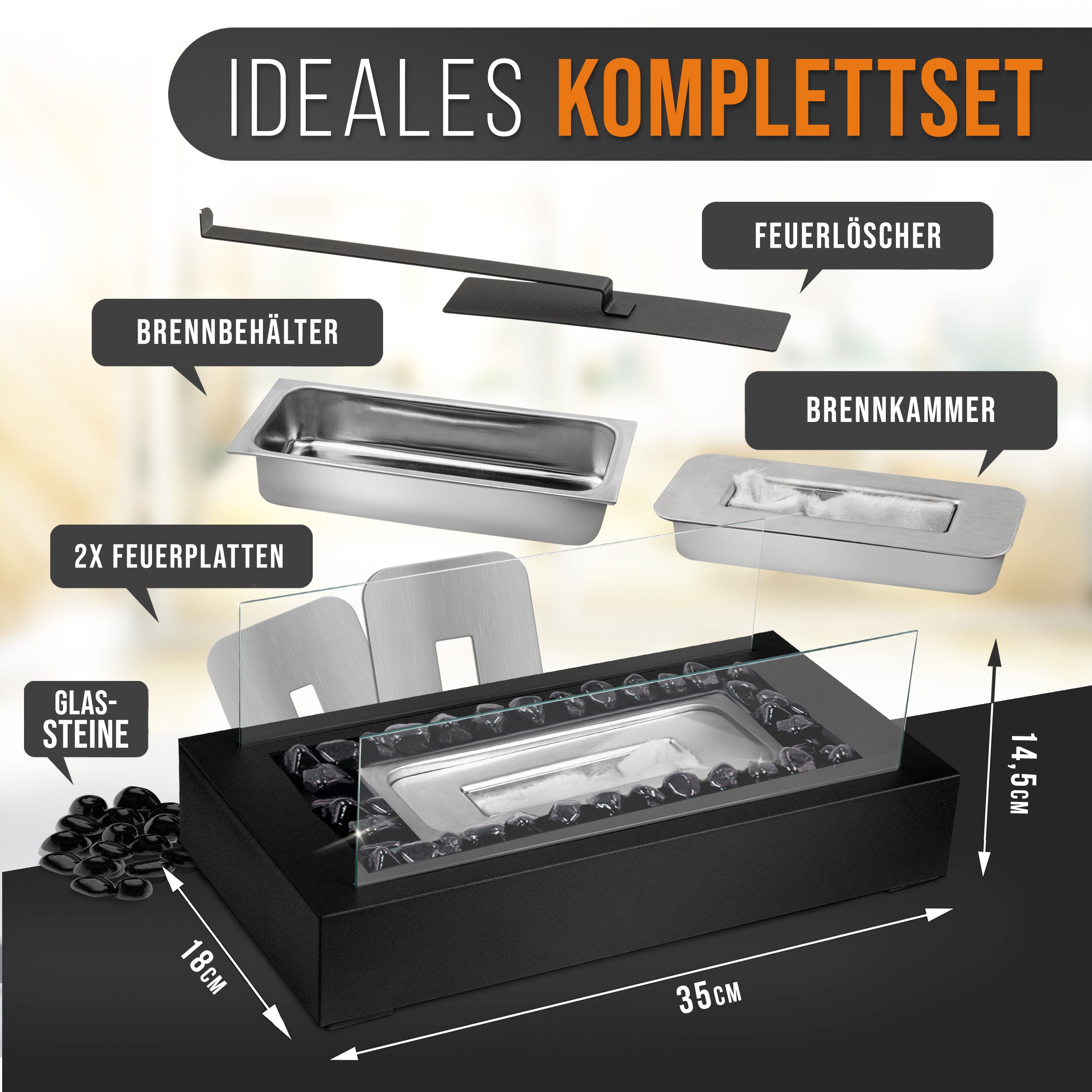 🔥Bundle🔥 - Tischkamin SQUARE-Stone + 6 Flaschen Bioethanol